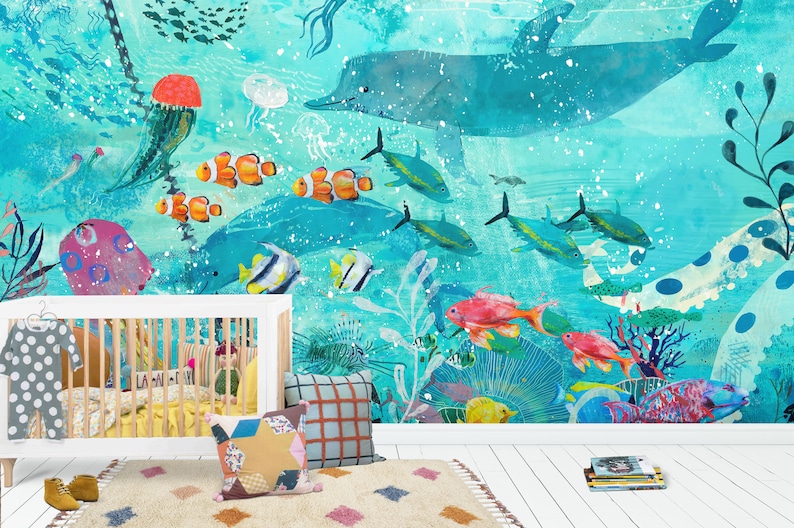 Dolphins Wallpaper Nursery And Room D U00e9cor Deep Sea Bottom Wall Mural Watercolor Sea Bottom Wallpaper
