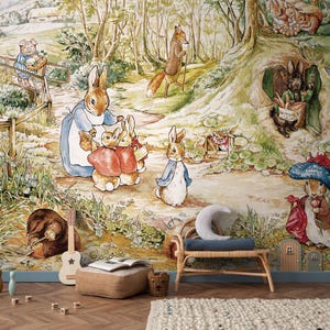 Papel pintado "Un paseo por el bosque", mural de Peter Rabbit, mural de pared para habitación infantil con temática de bosque, papel pintado de animales de cuento, decoración infantil, K347