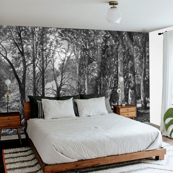 Murale vintage con paesaggio, carta da parati vintage con scena di foresta, carta da parati monocromatica con foresta, decorazione murale, adesivo murale, decorazione per la stanza, arte murale