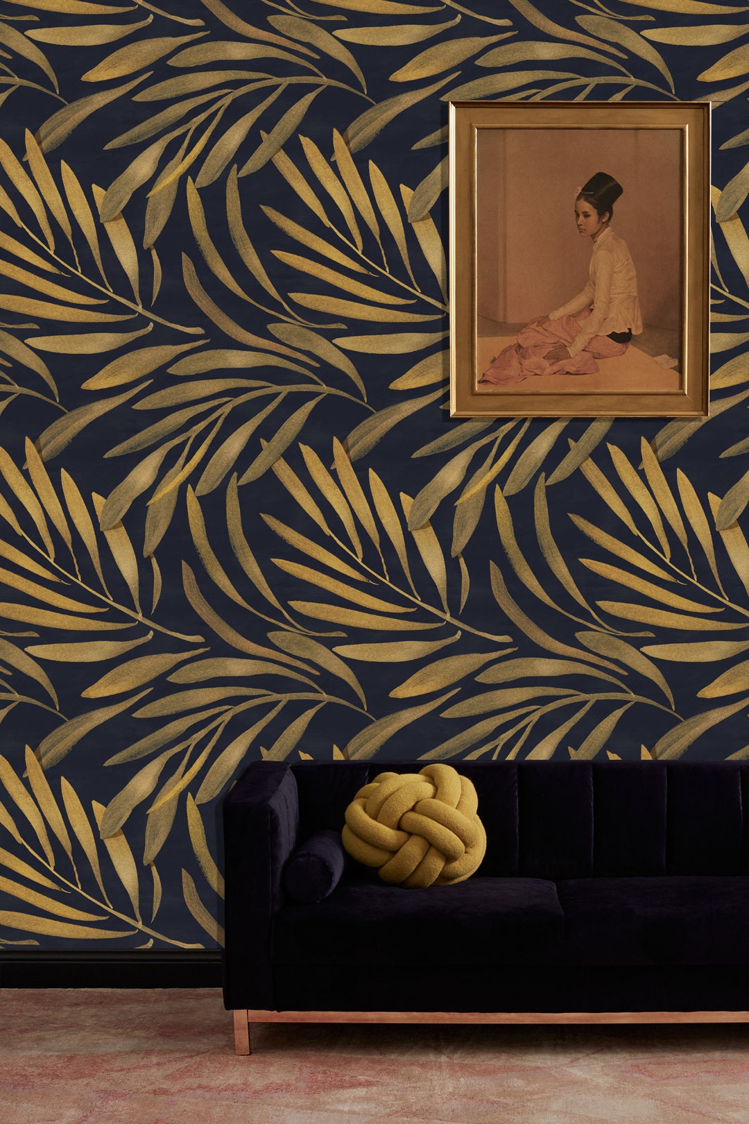 Art Deco Wall Mural Palm Leaves Wallpaper Watercolor Floral Etsy