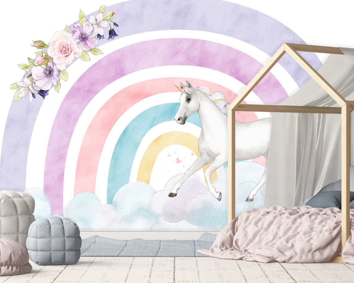 Unicorn Wall Mural Rainbow and Unicorn Wall Mural Watercolor - Etsy