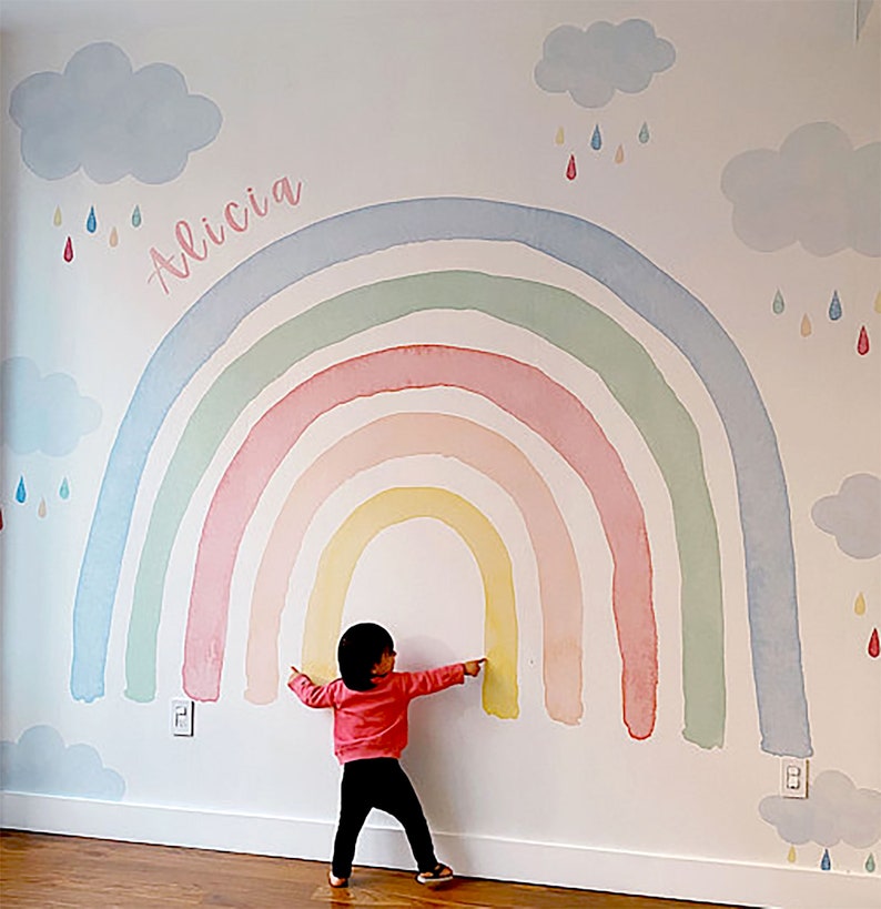Watercolor Rainbow Wall Mural Colorful Rainbow and Raindrops Etsy