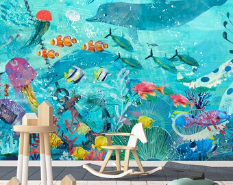 深海底壁画、イルカの壁紙、水彩画の海底壁紙、海の絵の壁紙、子供部屋