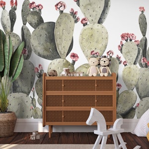 Décor mural jardin cactus, papier peint cactus, papier peint de style bohème, papier peint floral vintage, décoration pour chambre et chambre de bébé