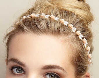 Wedding Guest Headband Bridesmaid Headband with Roses Hair Band Floral Headband Gold Head Band Hairband Elastic Head Chain Ivory Peach