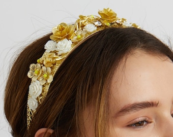 Gold Headpiece Gold Head Piece Gold Headband Wedding Headband Bridesmaid Jewelled Hair Band Prom Alice Band Love Floral Flower Wedding Guest