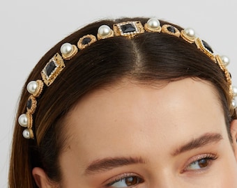 Pearl Headband Black and Gold Wedding Guest Headband Hair Band Vintage Headband Headpiece Diamante Alice Band Rhinestone Crystal Jewelled