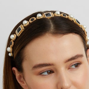 Pearl Headband Black and Gold Wedding Guest Headband Hair Band Vintage Headband Headpiece Diamante Alice Band Rhinestone Crystal Jewelled