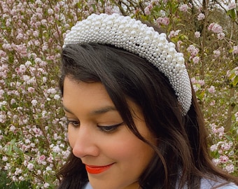 Pearl Embellished White Padded Headband Cream Pearl Padded Headband, Ivory Pearl Padded Headband  main image 4
