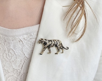 Tiger Pin Tiger Brooch Large Animal Brooch Animal Pin Animal Jewellery Gold Brooch Gold Pin Silver Brooch Silver Pin Crystal Statement Pin