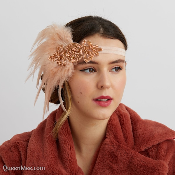 Gatsby Headpiece in Peach Pink Gatsby Headband Flapper Headband 1920s Headpiece 20s Headband Twenties Headband Feather Headdress Roaring 20s