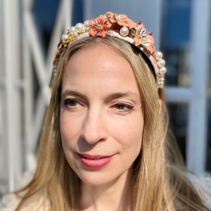 Flower Headband Wedding Guest Headband Races Headpiece Pearl Coral Turquoise Blue Purple Prom Headband Statement Headband Boho Hair Band