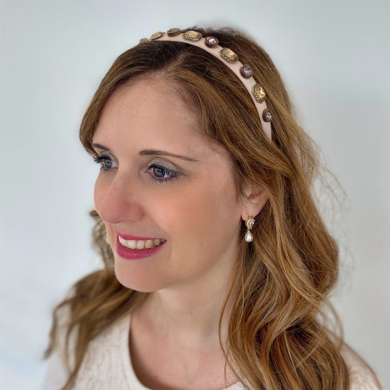 Cream Headband Cream Hair Band Jewelled Wedding Guest  display picture 1