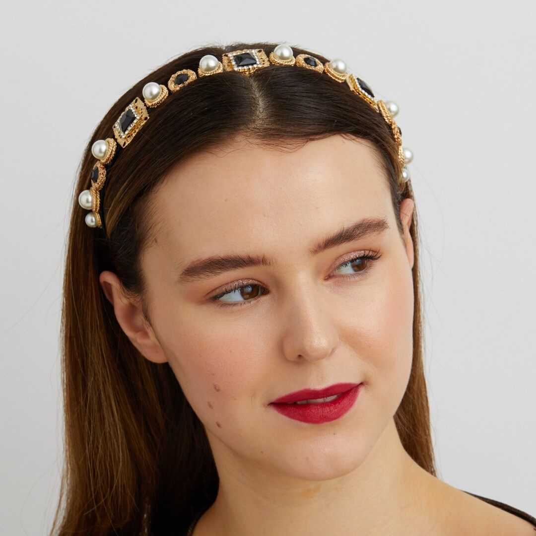 Buy Pearl Headband Black and Gold Wedding Guest Headband Hair Band Vintage  Headband Headpiece Diamante Alice Band Rhinestone Crystal Jewelled Online 
