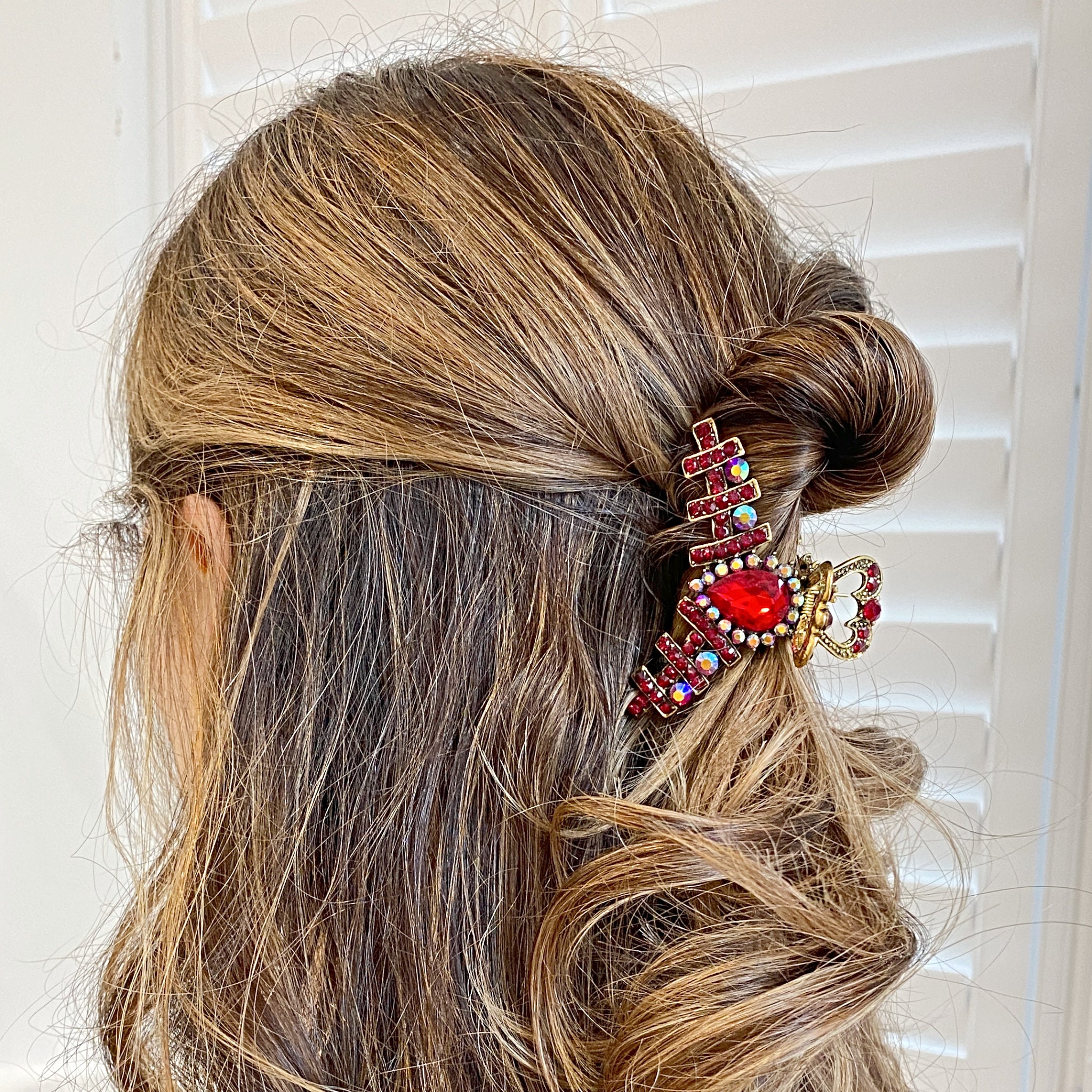 Red Hair Clip Red Claw Rhinestone Hair Claw Clip Medium Gold Hair