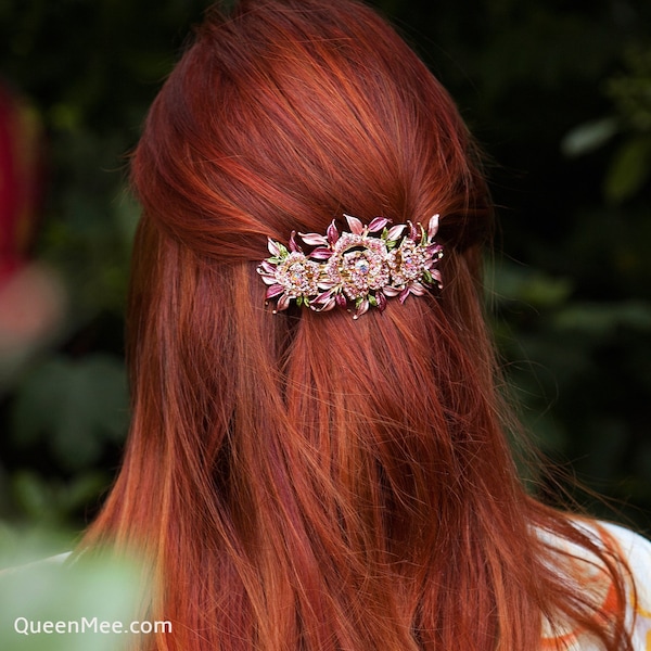 Barrette à fleurs Barrette en cristal Grande barrette Grande barrette à cheveux Barrette de mariage Barrette à strass Barrette à strass Bleu rose marron