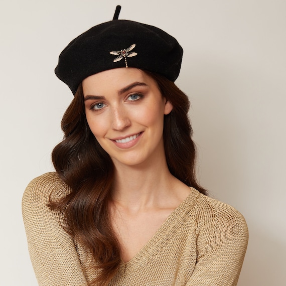 Black Beret With Dragonfly Brooch Vintage Hat Winter Hat Retro Hat