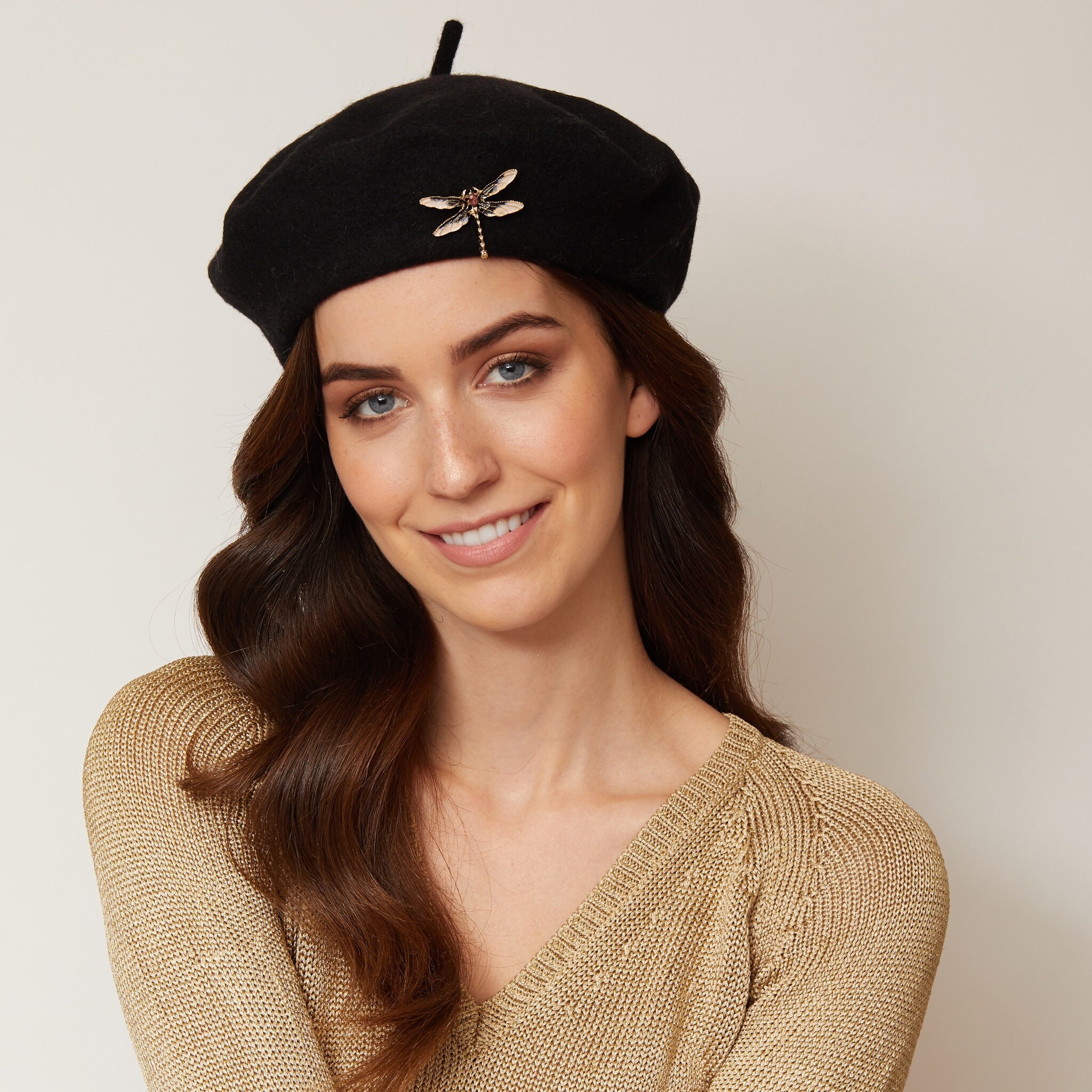 新品 CPH別注 BERET / VINTAGE TWILL / BLACK Black Beret With Dragonfly Brooch Vintage Hat Winter Hat Retro Hat