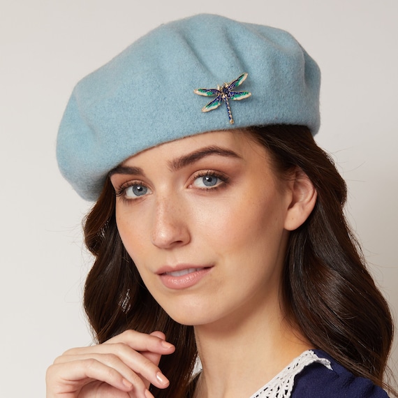 Blue Beret With Dragonfly Brooch Vintage Hat Winter Hat  display picture 1