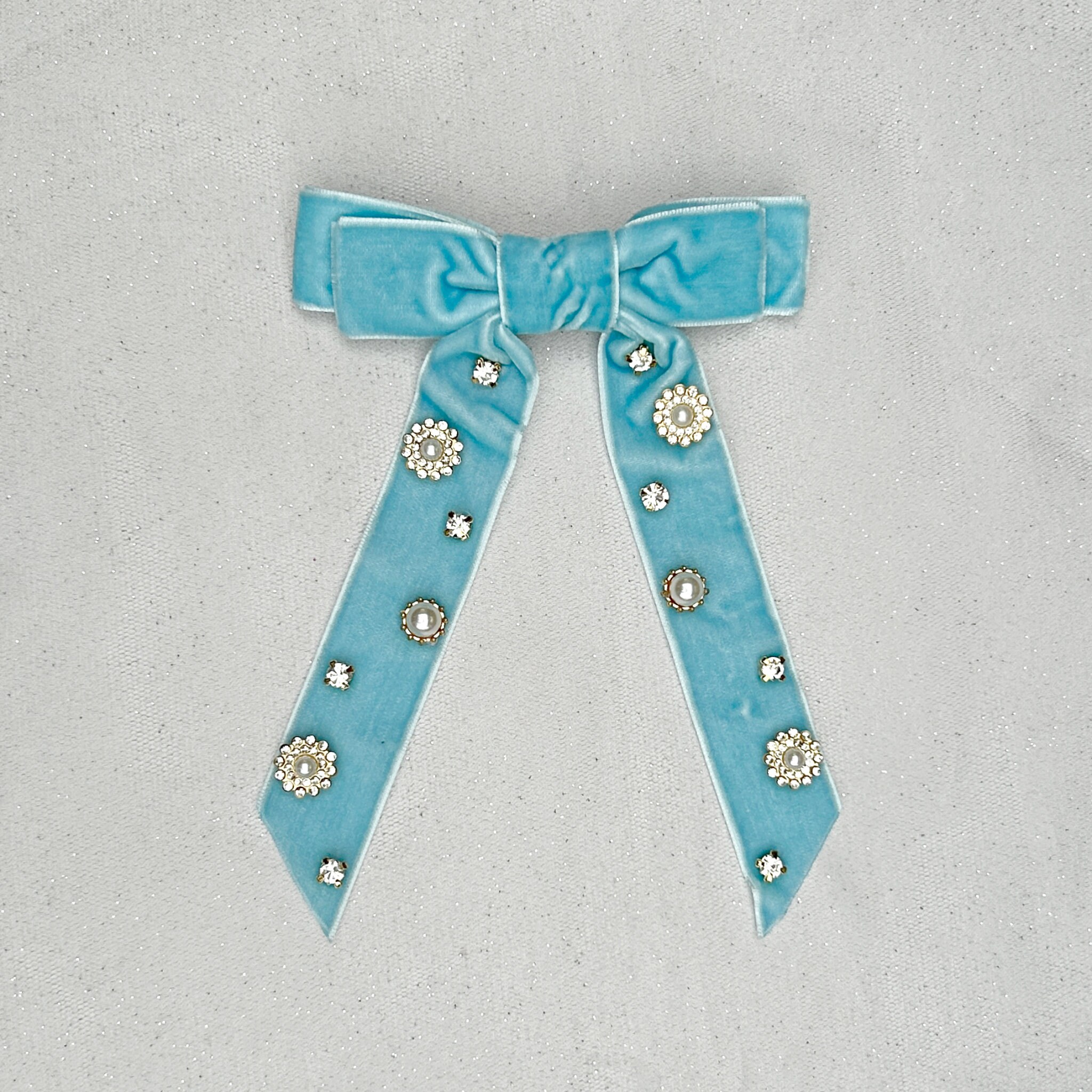 Velvet Bow Jewel Hair Clip Velvet Bow Hair Clip In Light Blue With Jewels | Goddiva main image 3