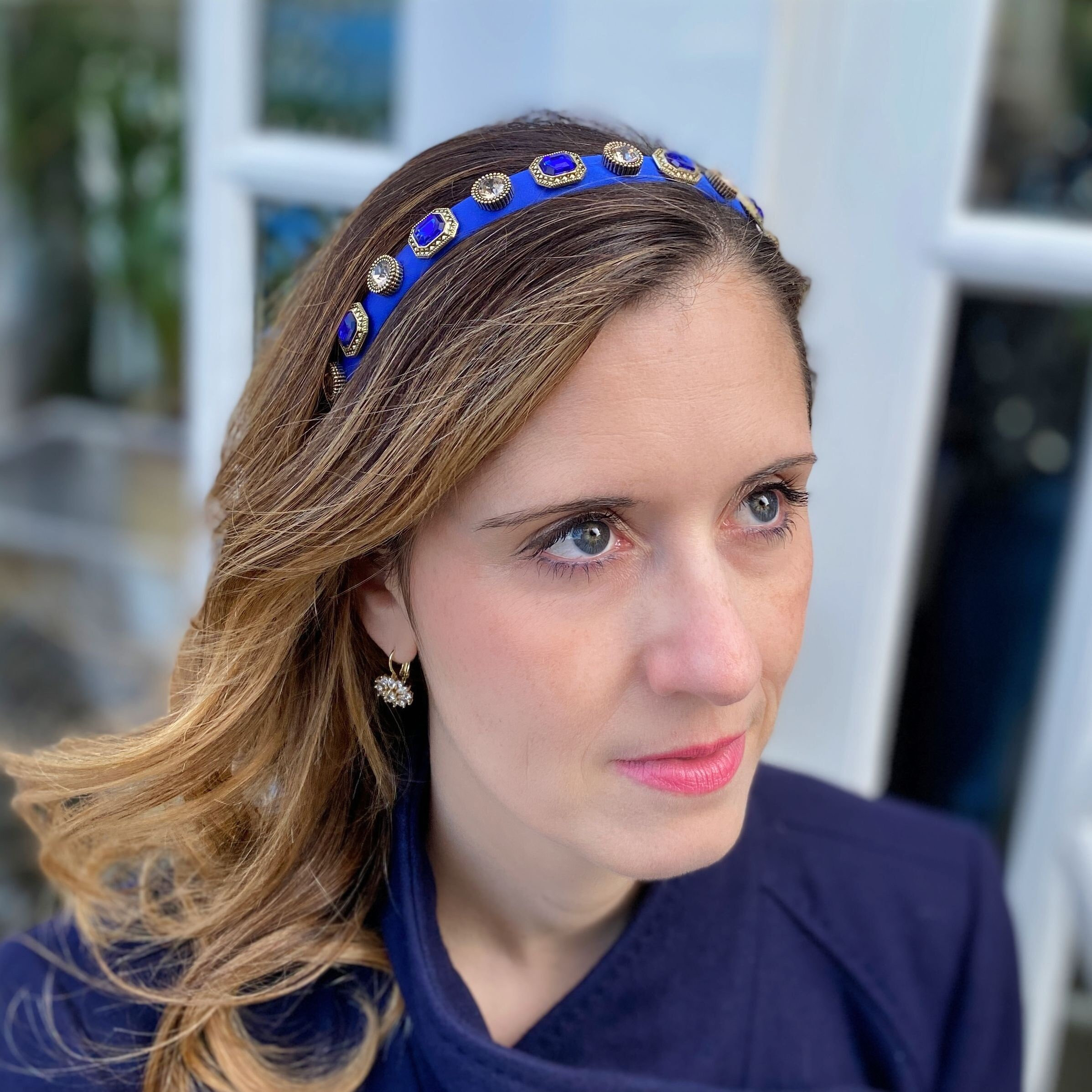 Royal Blue Rhinestone Headband, Antique Gold Jeweled Alice Band