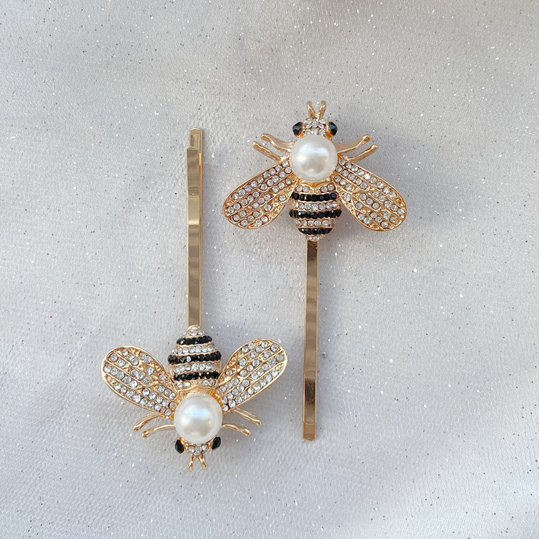 BARRETTE: Golden w/Embellished Rhinestone & Elegant Dangling Bee Hair Clip, NWOT Water Drop Rhinestone Hair Barrette Crown Motif Half-up Half  main image 3