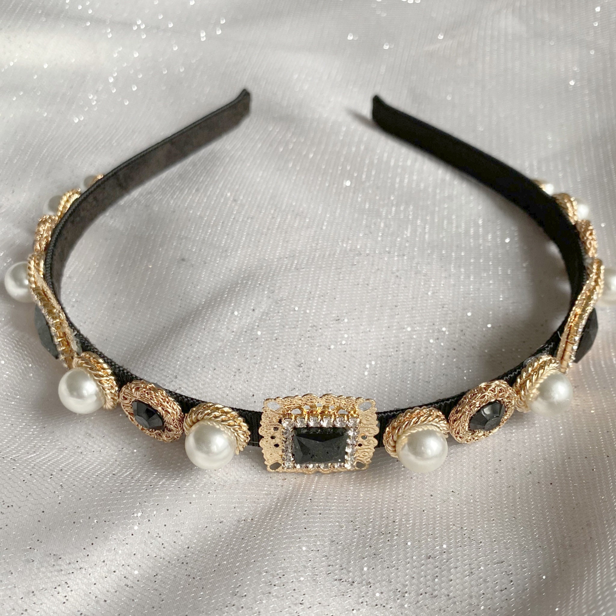 Elegant Black and Gold Crystal Hairband, great condition , made in Paris, France KIRKS FOLLY HAIR CLIP BARRETTE GOLD CHERUBS FAIRIES STARS  main image 2