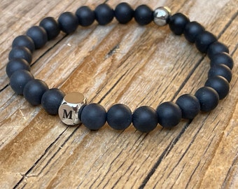 Black Personalized Mens Bracelet, Engraved Letter Bracelet, Black Stretch Bracelet, Beaded Jewelry, Personalized Gift, personailzed jewelry