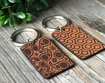 leather keychain, paisley keychain, accessories, men gift idea, key ring, keychain & keycord, brown keychain with print, leather with print
