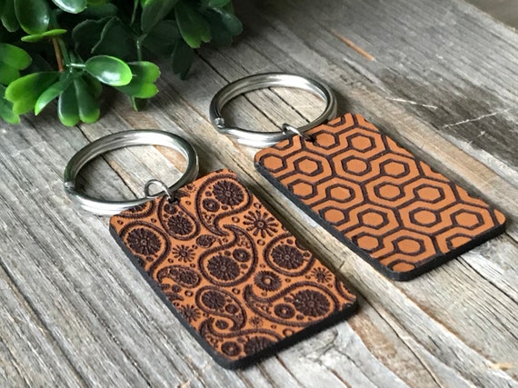 Leather Keychain, Paisley Keychain, Accessories, Men Gift Idea, Key Ring,  Keychain & Keycord, Brown Keychain With Print, Leather With Print 