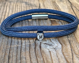 Personalized blue bracelet, rope paracord bracelet with letter, personalized engraved gift, unisex letter jewelry, cord letter bracelet