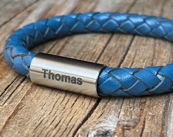 Personalized Blue Leather Bracelet, Round Braided engraved Bracelet, Boys or Girls Leather Name Bracelet, Engraved Gift, kids jewelry