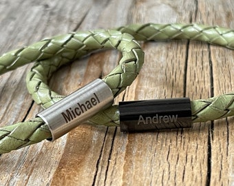 Personalized kids green leather bracelet, braided bracelet, boys or girls leather name bracelet, engraved gift, children's engraved jewelry