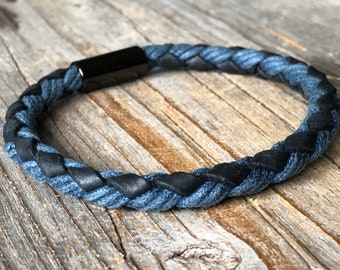 learher and cord bracelet, bracelet with stainless steel, men jewelry gift, bleu bracelet, round cord bracelet, leather and fabric bracelet