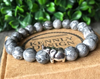 gemstone bracelet with elephant, gray bracelet, stretch stacking beaded bracelet, Africa boho jewelery , woman  jewelery, woman gift idea