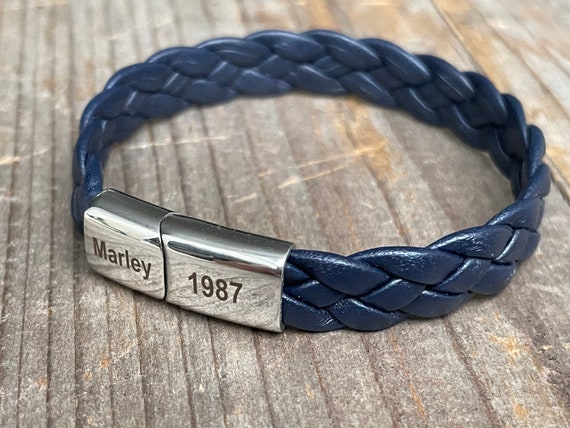 Personalized Leather Bracelet with Names - Mens Custom Leather Bracelet Blue