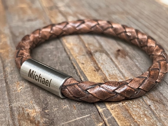 Braided leather bracelet engraved deals