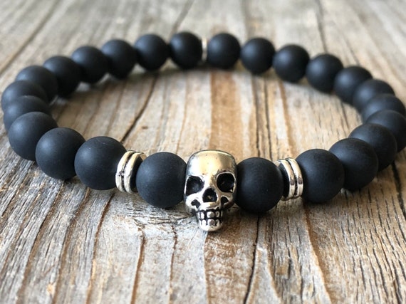 Gemstone Skull Bracelet Black Beaded Bracelet Stretch Stacking