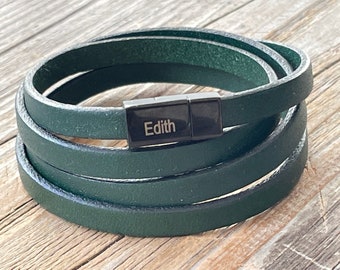 personalized green leather bracelet, woman wrap bracelet, personalized jewelry, bracelet with name, personalized gift,  wrapping bracelet
