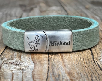 Personalized dinosaur leather bracelet, dinosaur gift, name engraved bracelet, children's dinosaur jewelery, personalized gift for kids