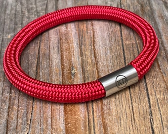 Red bracelet, paracord nautical bracelet, bracelet with stainless steel, men red jewelry gift idea, wanderlust bracelet, round cord bracelet