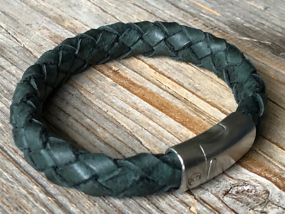Dark Green Leather Bracelet, Braided Bracelet, Leather Jewelry, Men Gift ,  Rock Bracelet, Stacking Bracelet, Bracelet With Stainless Steel 