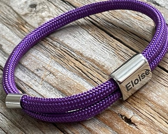 Bracelet prénom enfant personnalisé, bracelet nautique violet Paracord, cadeau personnalisé, bracelet prénom violet, bracelet garçons ou filles