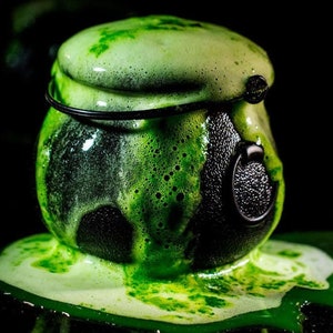 May include: A green cauldron with a black handle and lid, overflowing with bubbling green liquid. The liquid is spilling onto a black surface.