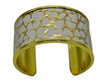 18k Gold Cuff Bracelet with Gold and White Embossed Genuine Leather