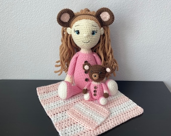 Slumber Party Doll with Matching Teddy Bear | CROCHET PATTERN ONLY | Matching Jammies, Matching Ears, Matching Blankets, tutorial, amigurumi