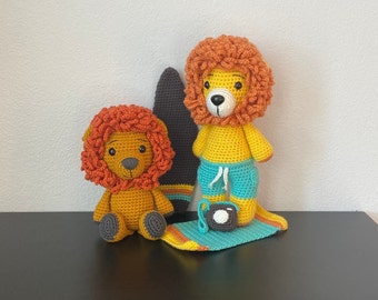 Amigurumi Mini Lion & Beach Lion with Towel, Surf Board, and Camera | CROCHET PATTERNS ONLY | Two Patterns, Pattern Pack, Lion Tutorials