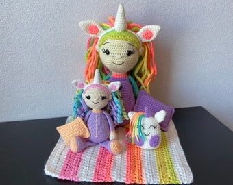 Slumber Party Unicorn Doll | CROCHET PATTERN ONLY | with pillow, blanket, unicorn stuffy, tutorial, crochet pattern, amigurumi doll pattern