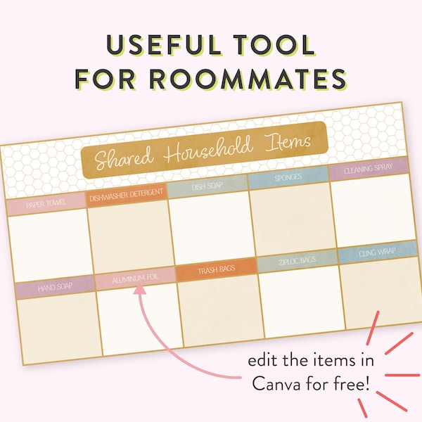 Editable Shared Household Items Chart for Roommates