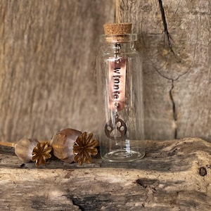 May include: A clear glass jar with a cork lid and a copper tag that says "Winnie" with a paw print charm. The jar is sitting on a piece of weathered wood.